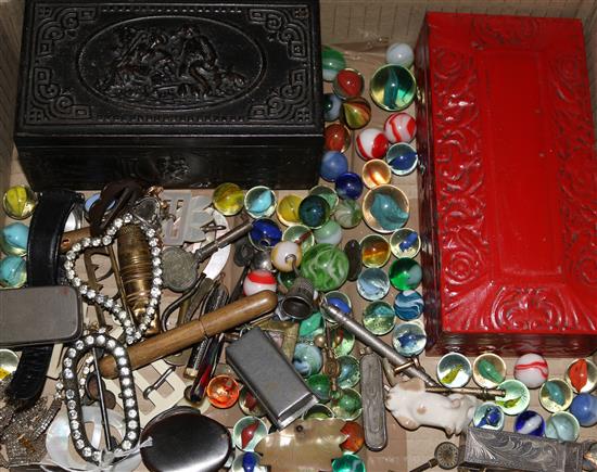 A small quantity of curios, including marbles, paste set buckles and four 9ct gold studs etc.